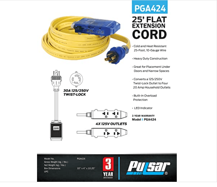 Generator Extension Cord 25 ft  – NEMA L5-30P to Triple 5-15R Heavy-Duty 30A Flat Power Distribution Cord