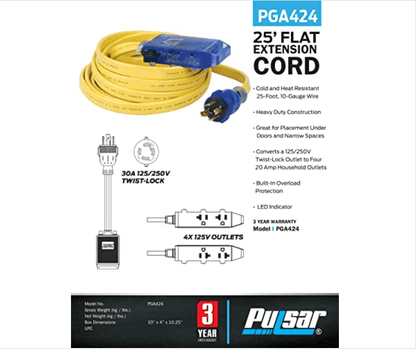 Generator Extension Cord 25 ft  – NEMA L5-30P to Triple 5-15R Heavy-Duty 30A Flat Power Distribution Cord
