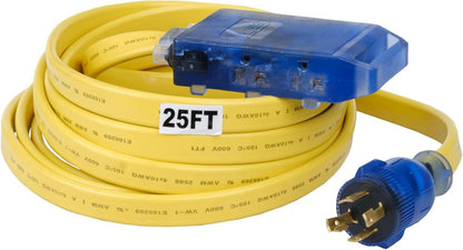 Generator Extension Cord 25 ft  – NEMA L5-30P to Triple 5-15R Heavy-Duty 30A Flat Power Distribution Cord
